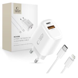 ÎNCĂRCĂTOR DE PRIZĂ TECH-PROTECT NCA45W-GAN 2-PORT NETWORK CHARGER PD 45W / QC3.0 + LIGHTNING CABLE WHITE