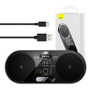 Încărcător wireless dual Qi Baseus, afișaj LED digital, 20 W
