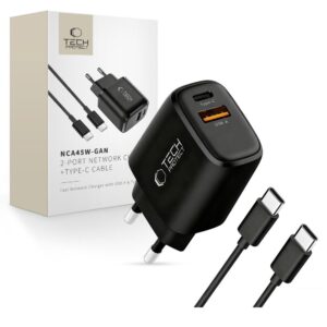 ÎNCĂRCĂTOR DE PRIZĂ TECH-PROTECT NCA45W-GAN 2-PORT NETWORK CHARGER PD 45W / QC3.0 + TYPE-C CABLE BLACK