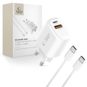 ÎNCĂRCĂTOR DE PRIZĂ TECH-PROTECT NCA45W-GAN 2-PORT NETWORK CHARGER PD 45W / QC3.0 + TYPE-C CABLE WHITE